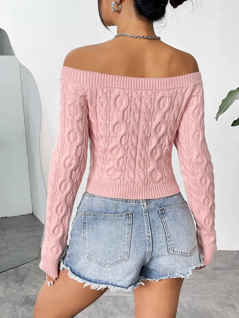 Cable-Knit Off-Shoulder Long Sleeve Knit Top - V.I.P Digital Presence