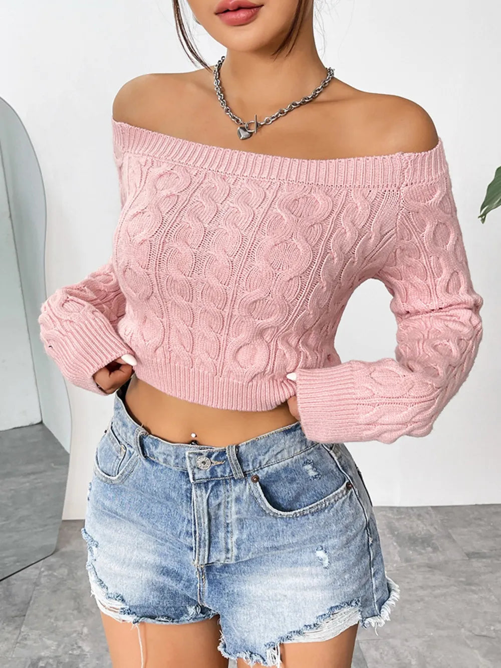Cable-Knit Off-Shoulder Long Sleeve Knit Top - V.I.P Digital Presence