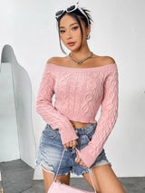 Cable-Knit Off-Shoulder Long Sleeve Knit Top - V.I.P Digital Presence