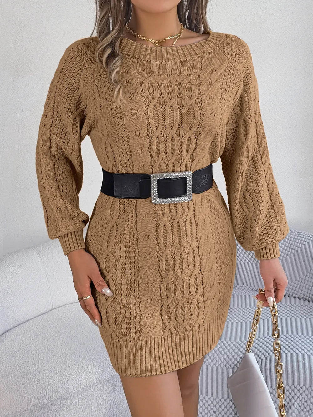 Cable-Knit Round Neck Sweater Dress - V.I.P Digital Presence