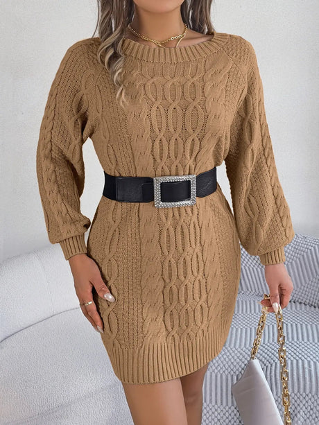 Cable-Knit Round Neck Sweater Dress - V.I.P Digital Presence
