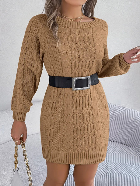 Cable-Knit Round Neck Sweater Dress - V.I.P Digital Presence