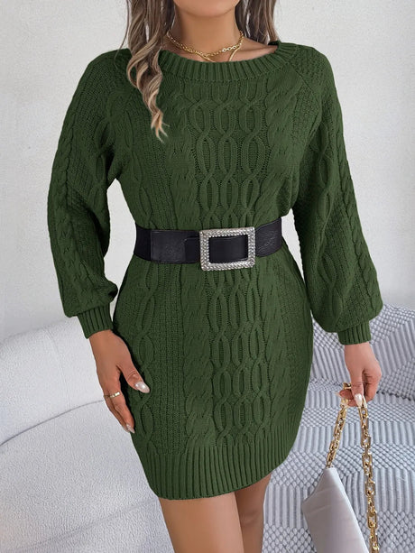 Cable-Knit Round Neck Sweater Dress - V.I.P Digital Presence
