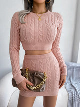 Cable-Knit Round Neck Top and Skirt Sweater Set - V.I.P Digital Presence
