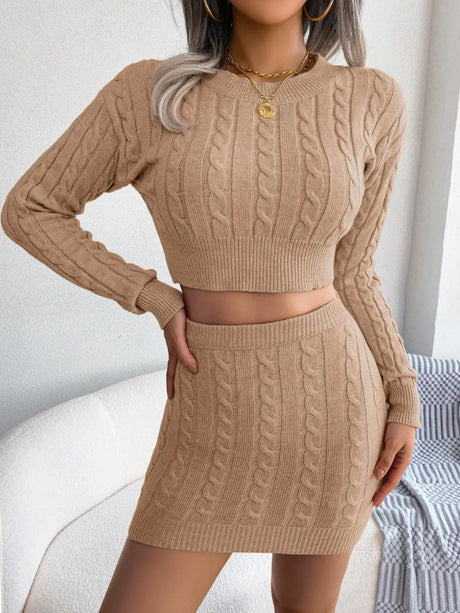 Cable-Knit Round Neck Top and Skirt Sweater Set - V.I.P Digital Presence
