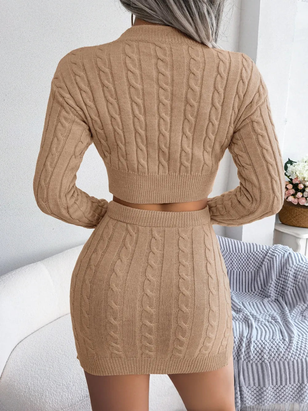 Cable-Knit Round Neck Top and Skirt Sweater Set - V.I.P Digital Presence