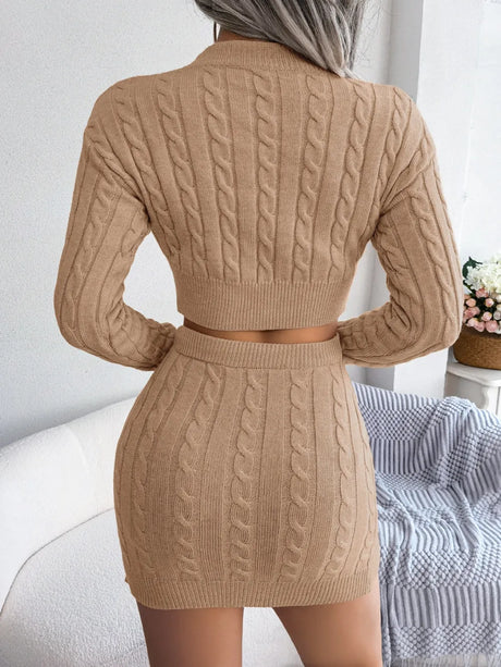 Cable-Knit Round Neck Top and Skirt Sweater Set - V.I.P Digital Presence