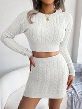 Cable-Knit Round Neck Top and Skirt Sweater Set - V.I.P Digital Presence