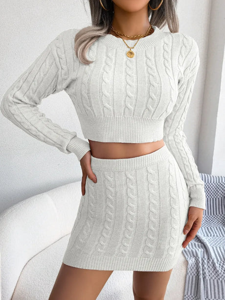 Cable-Knit Round Neck Top and Skirt Sweater Set - V.I.P Digital Presence