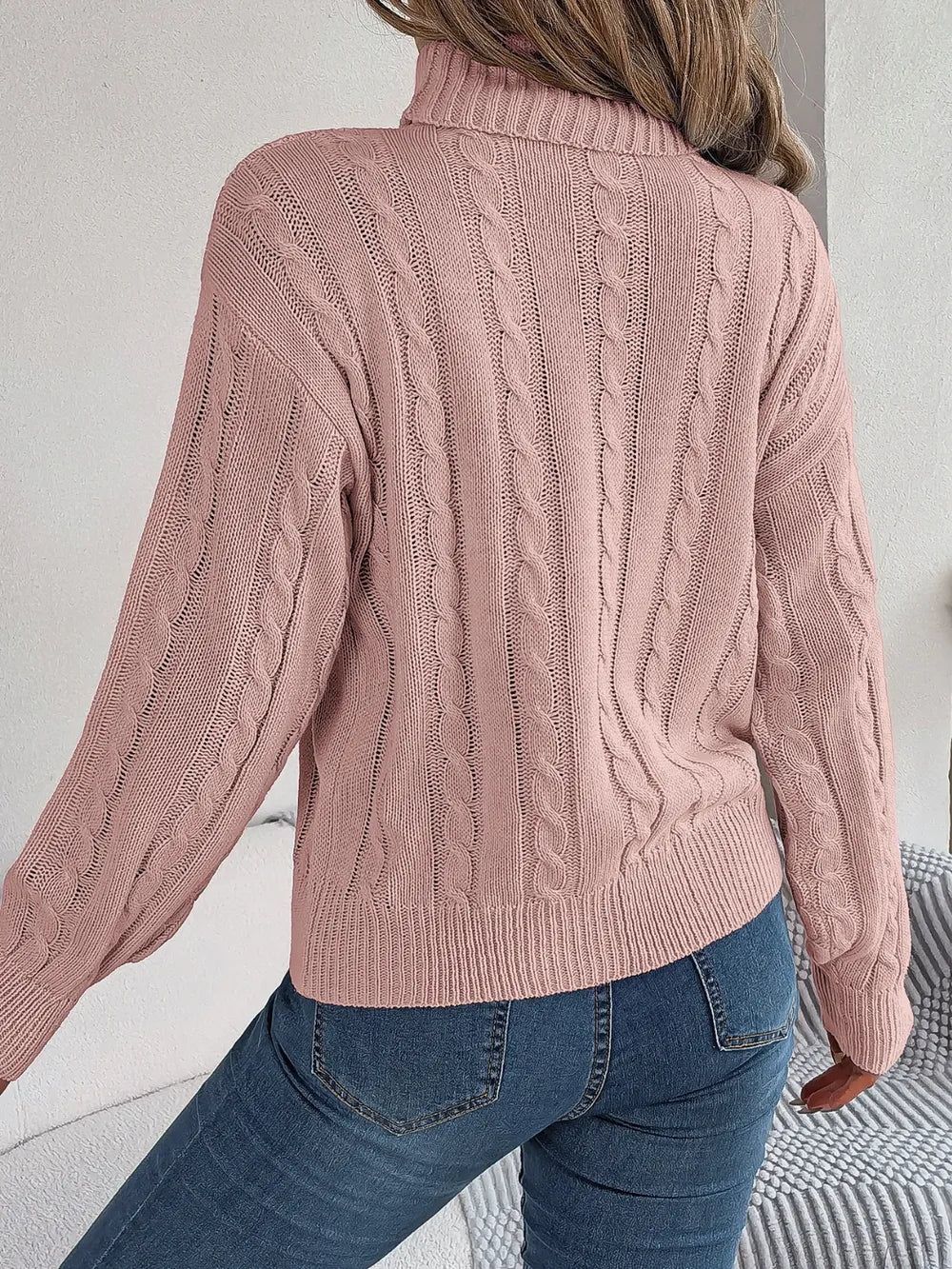 Cable-Knit Turtleneck Dropped Shoulder Sweater - V.I.P Digital Presence