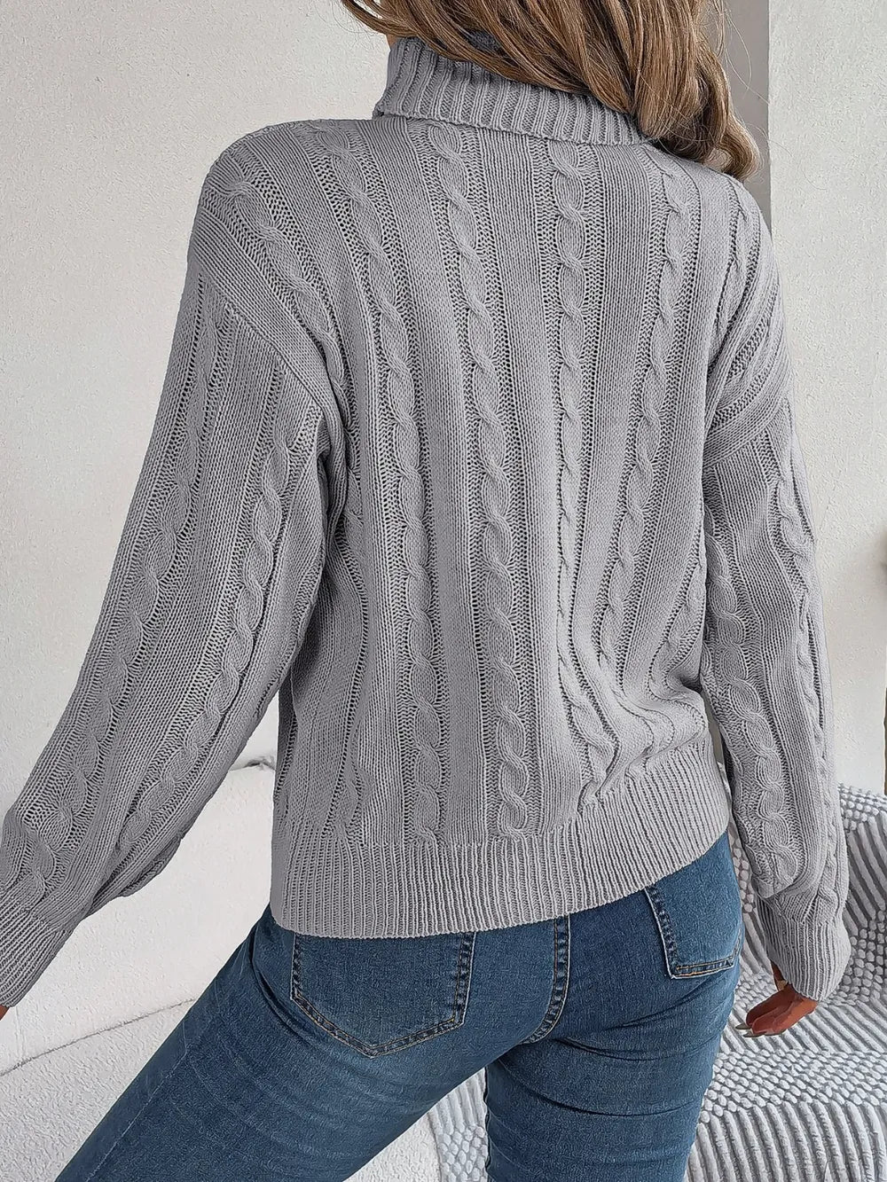 Cable-Knit Turtleneck Dropped Shoulder Sweater - V.I.P Digital Presence