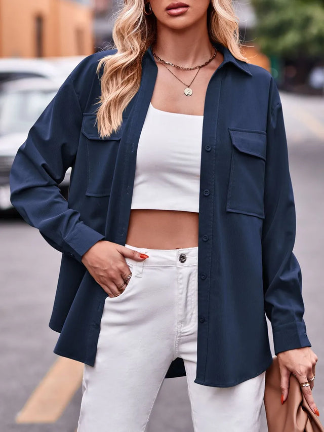 Casual and fashionable double pocket loose long sleeved solid color shirt - V.I.P Digital Presence