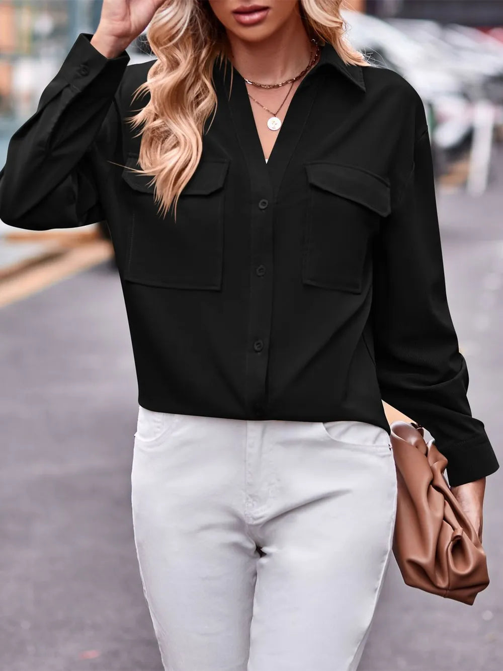 Casual and fashionable double pocket loose long sleeved solid color shirt - V.I.P Digital Presence