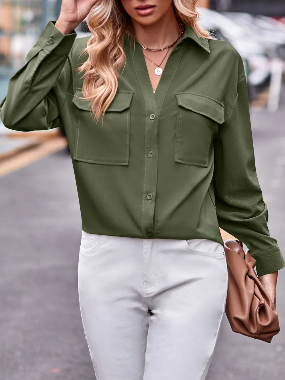 Casual and fashionable double pocket loose long sleeved solid color shirt - V.I.P Digital Presence