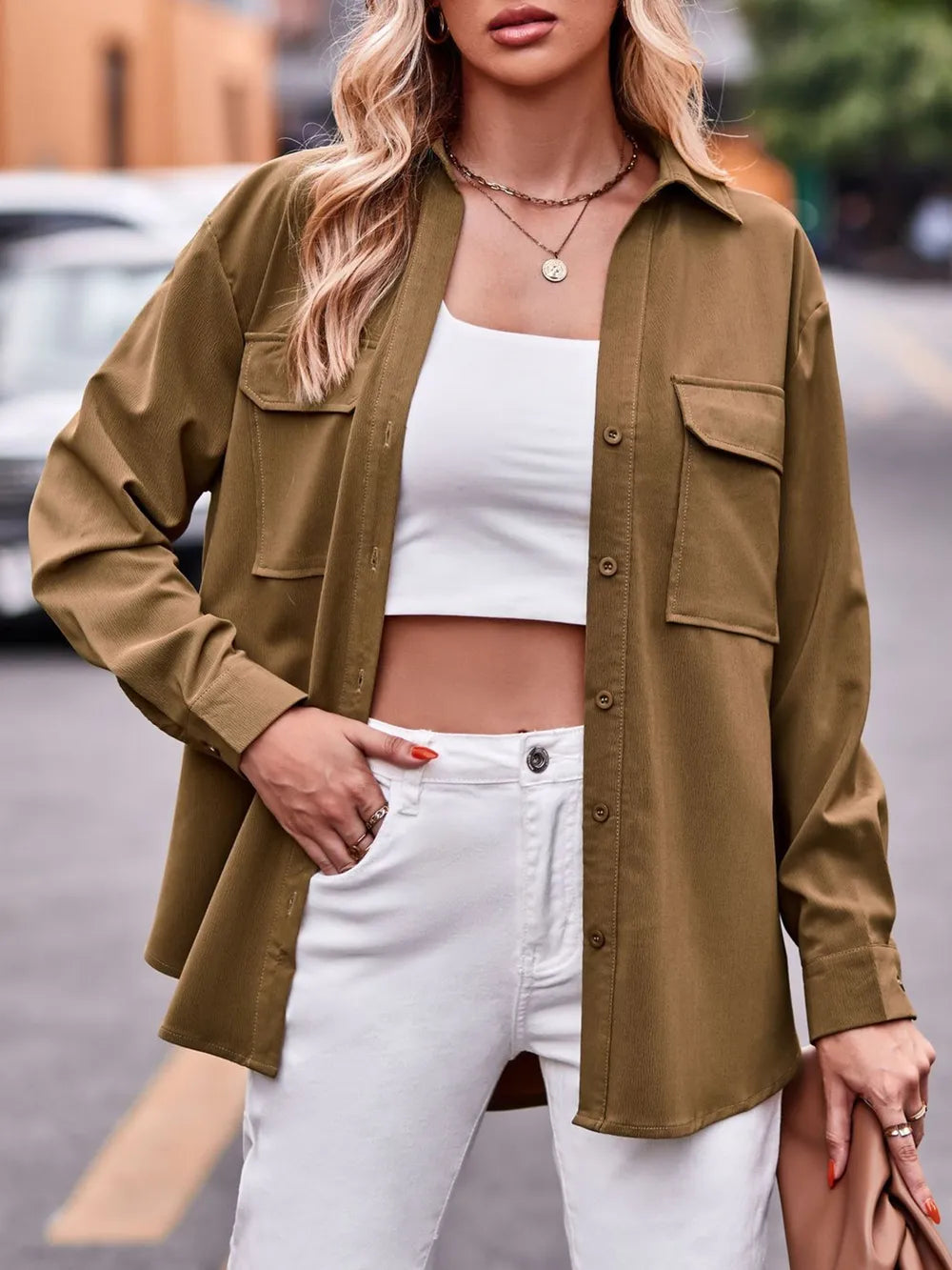 Casual and fashionable double pocket loose long sleeved solid color shirt - V.I.P Digital Presence
