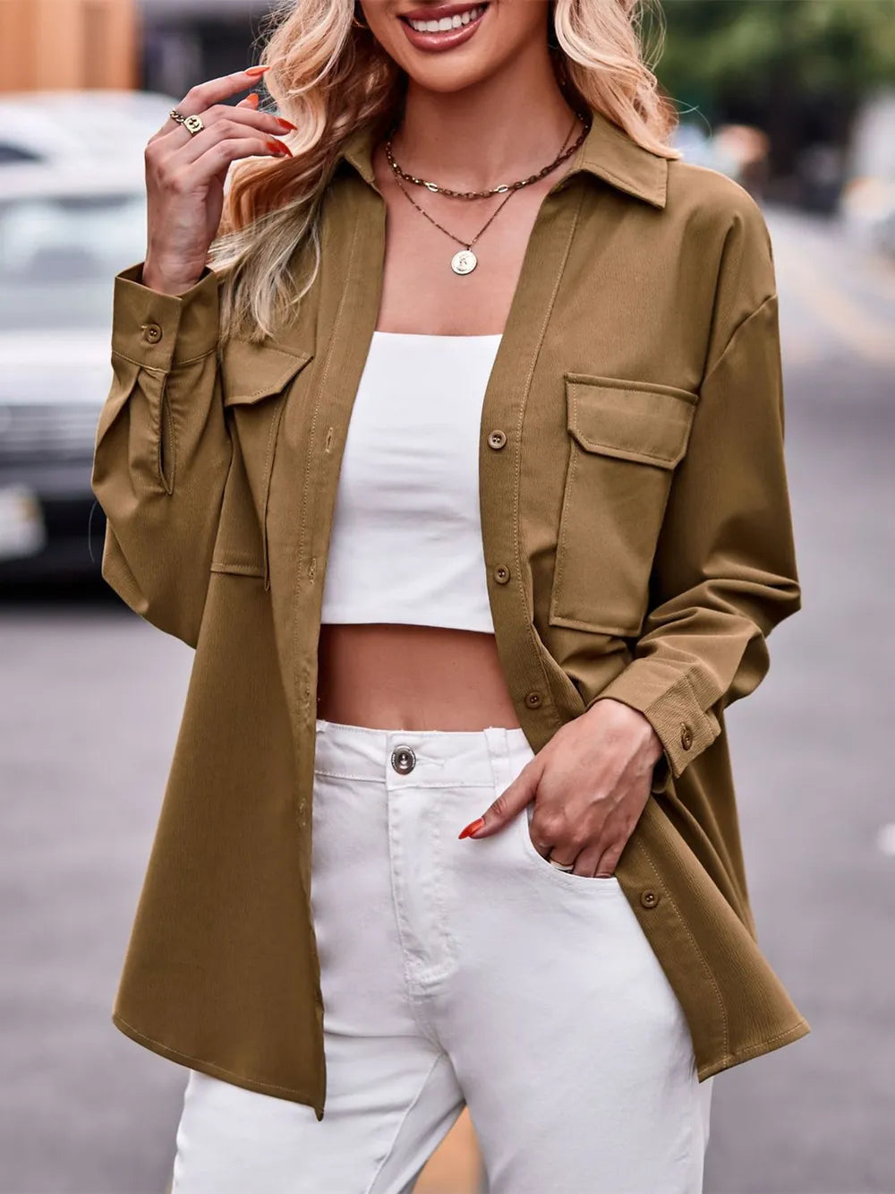 Casual and fashionable double pocket loose long sleeved solid color shirt - V.I.P Digital Presence