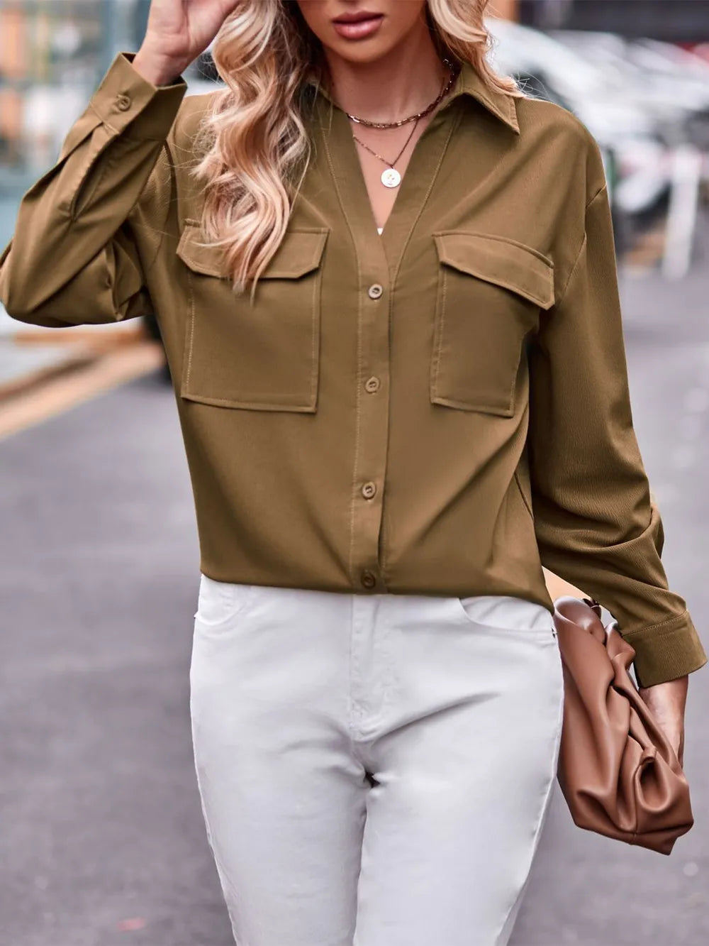 Casual and fashionable double pocket loose long sleeved solid color shirt - V.I.P Digital Presence