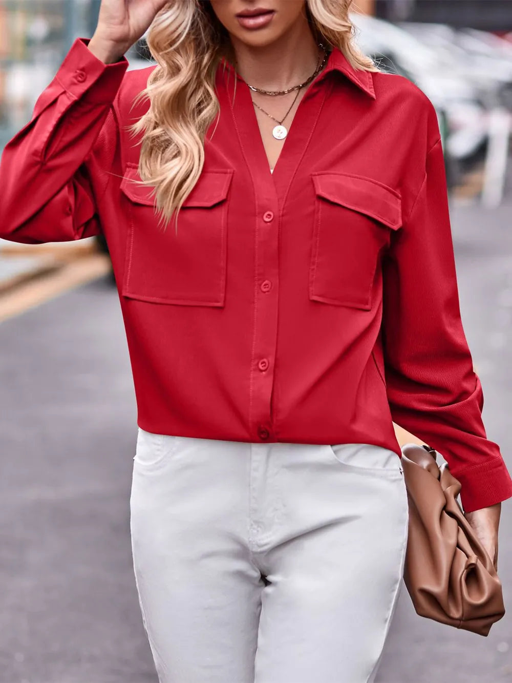 Casual and fashionable double pocket loose long sleeved solid color shirt - V.I.P Digital Presence