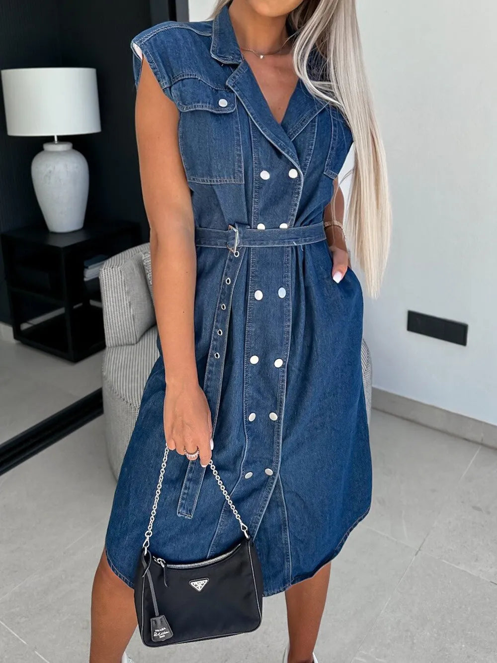 Casual collar sleeveless nail buckle open chest waist cinching lace up denim dress - V.I.P Digital Presence