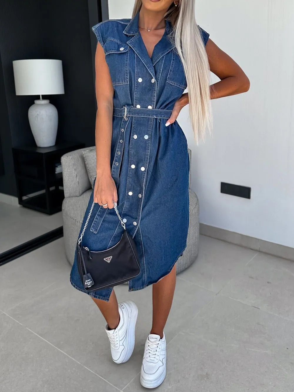 Casual collar sleeveless nail buckle open chest waist cinching lace up denim dress - V.I.P Digital Presence
