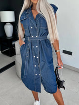Casual collar sleeveless nail buckle open chest waist cinching lace up denim dress - V.I.P Digital Presence