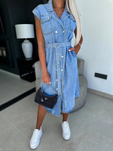 Casual collar sleeveless nail buckle open chest waist cinching lace up denim dress - V.I.P Digital Presence