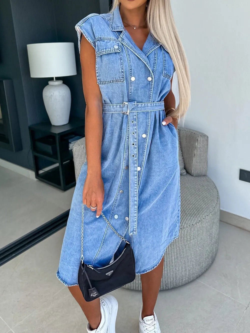 Casual collar sleeveless nail buckle open chest waist cinching lace up denim dress - V.I.P Digital Presence