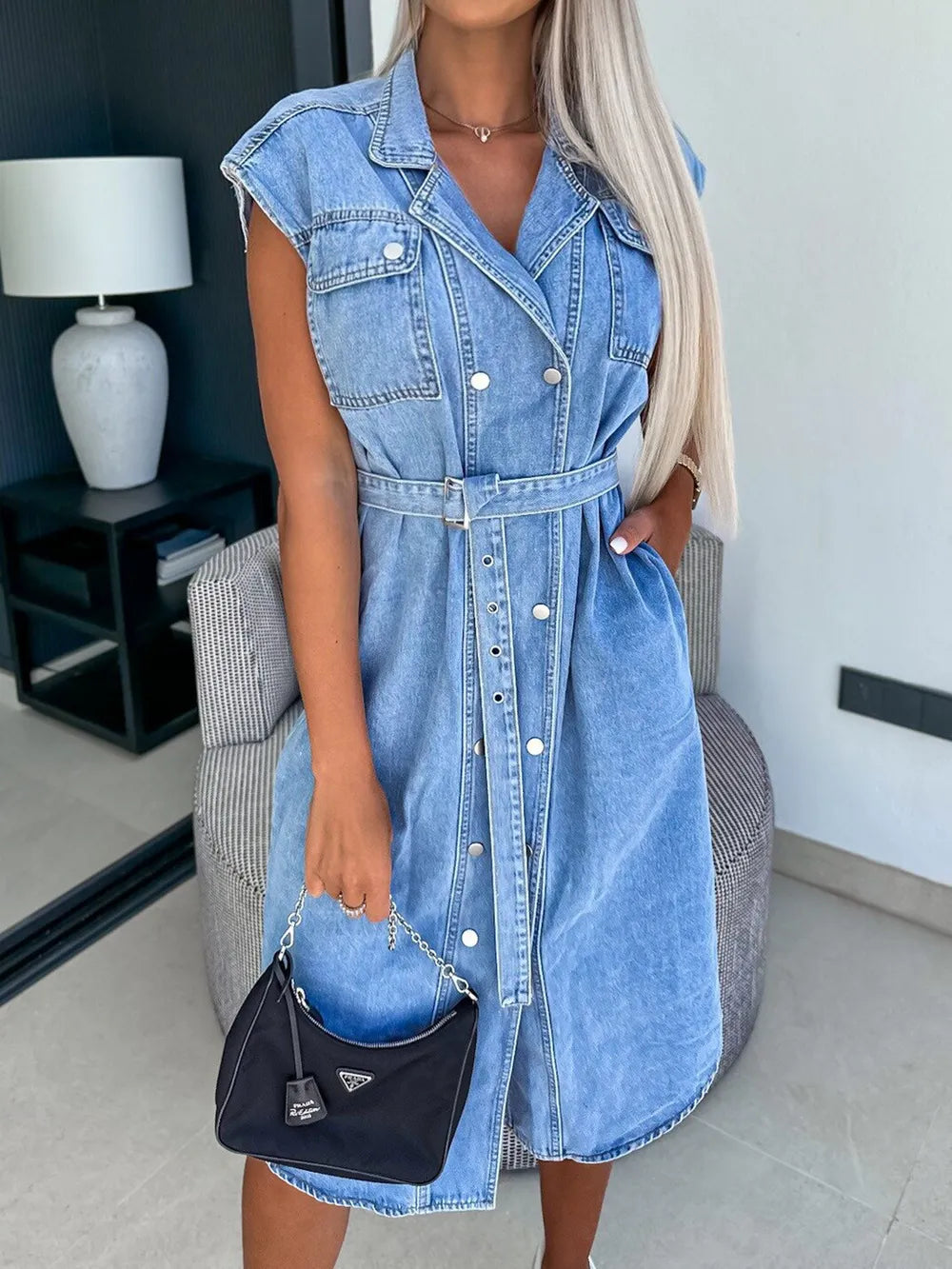 Casual collar sleeveless nail buckle open chest waist cinching lace up denim dress - V.I.P Digital Presence