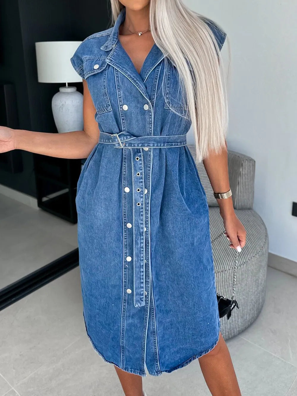 Casual collar sleeveless nail buckle open chest waist cinching lace up denim dress - V.I.P Digital Presence