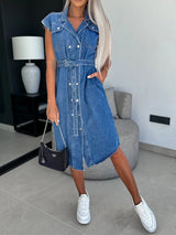 Casual collar sleeveless nail buckle open chest waist cinching lace up denim dress - V.I.P Digital Presence