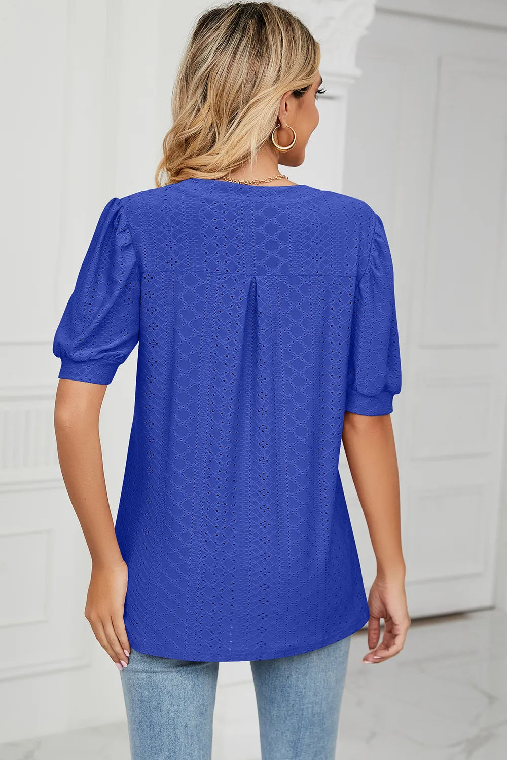 Casual V-neck solid color hollow bubble sleeve loose T-shirt top for women - V.I.P Digital Presence
