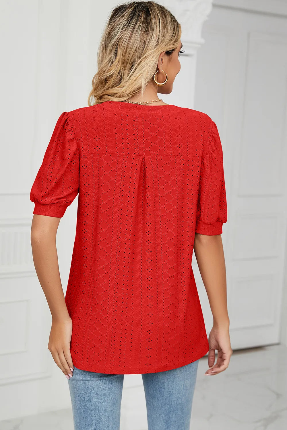 Casual V-neck solid color hollow bubble sleeve loose T-shirt top for women - V.I.P Digital Presence
