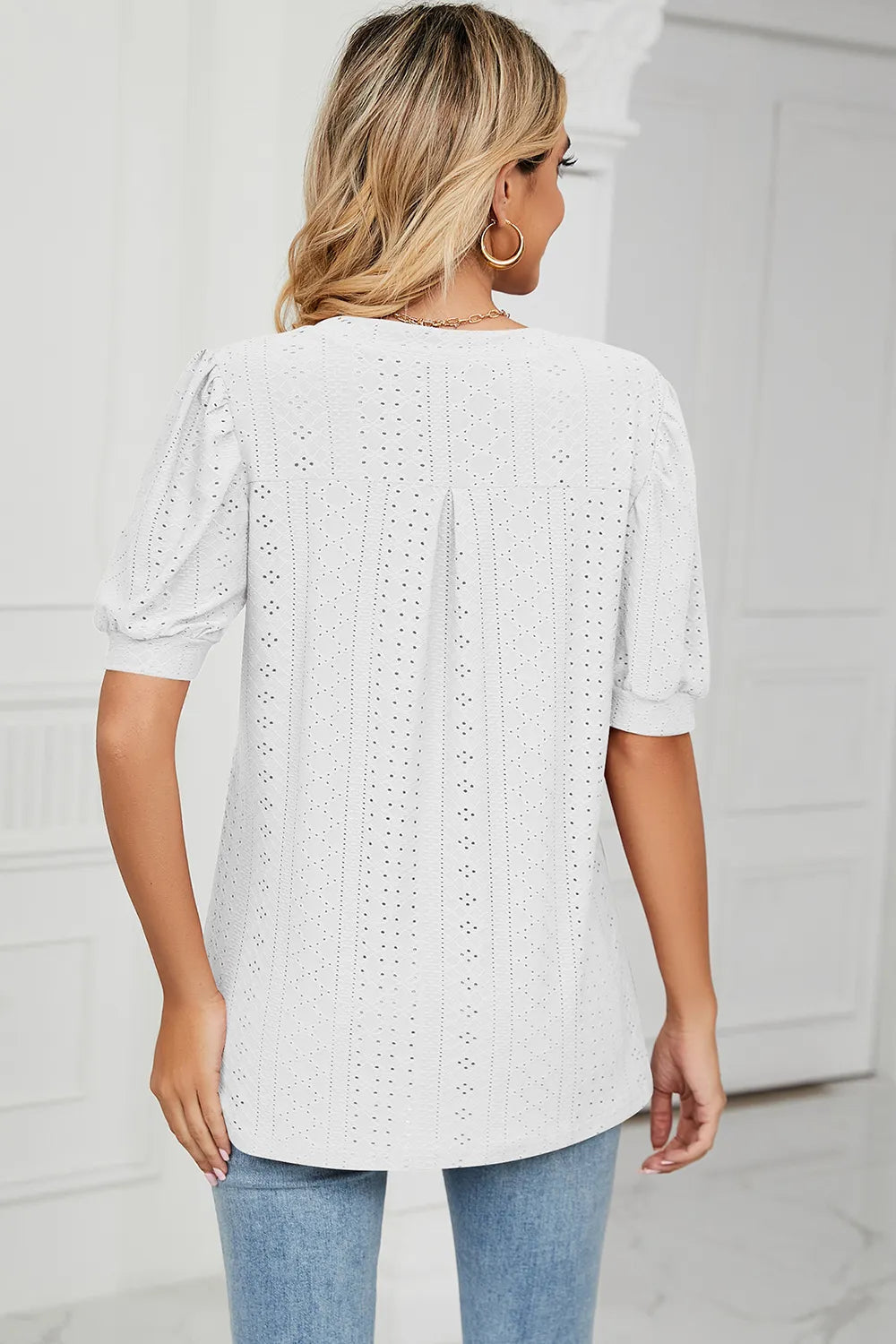 Casual V-neck solid color hollow bubble sleeve loose T-shirt top for women - V.I.P Digital Presence