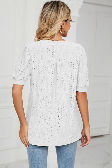 Casual V-neck solid color hollow bubble sleeve loose T-shirt top for women - V.I.P Digital Presence
