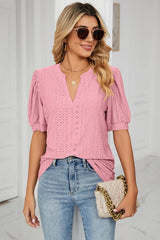 Casual V-neck solid color hollow bubble sleeve loose T-shirt top for women - V.I.P Digital Presence