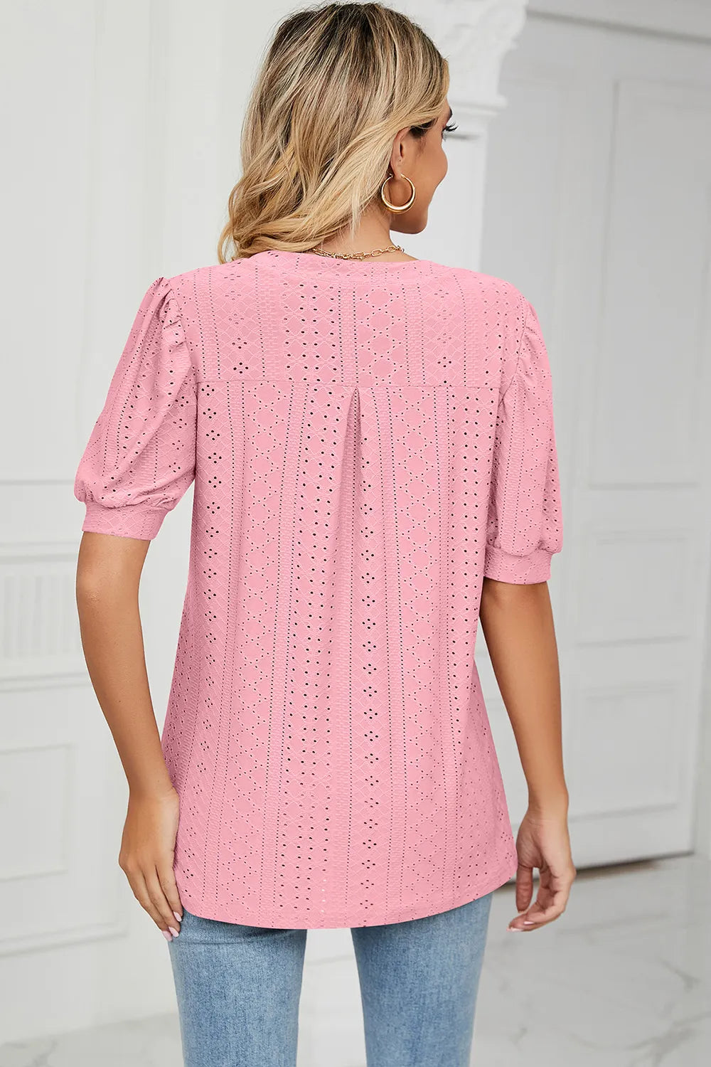 Casual V-neck solid color hollow bubble sleeve loose T-shirt top for women - V.I.P Digital Presence