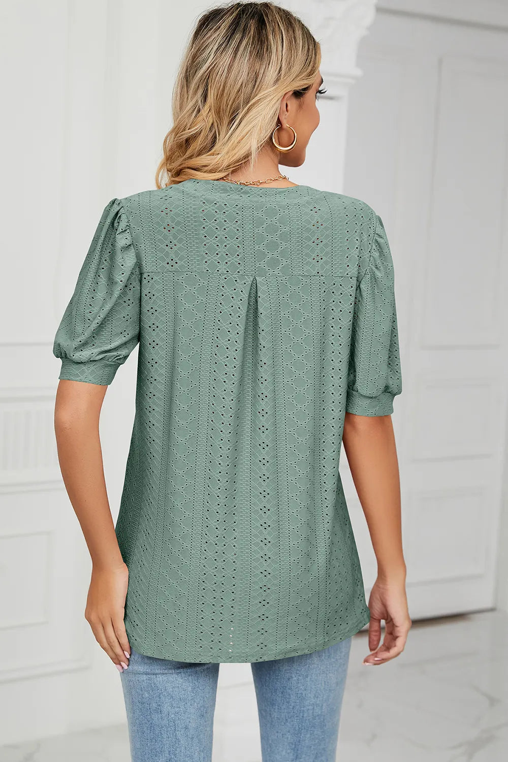 Casual V-neck solid color hollow bubble sleeve loose T-shirt top for women - V.I.P Digital Presence