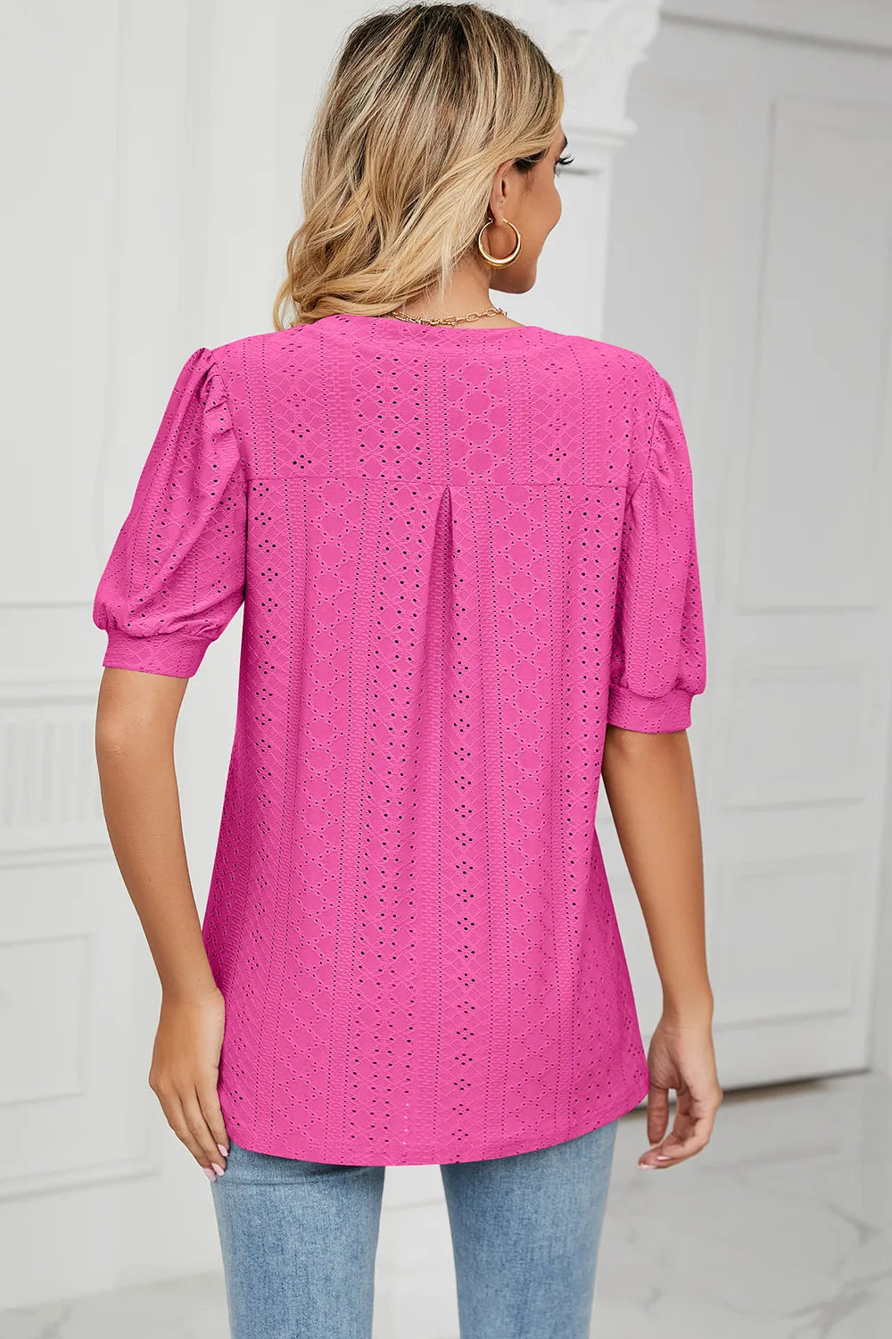 Casual V-neck solid color hollow bubble sleeve loose T-shirt top for women - V.I.P Digital Presence