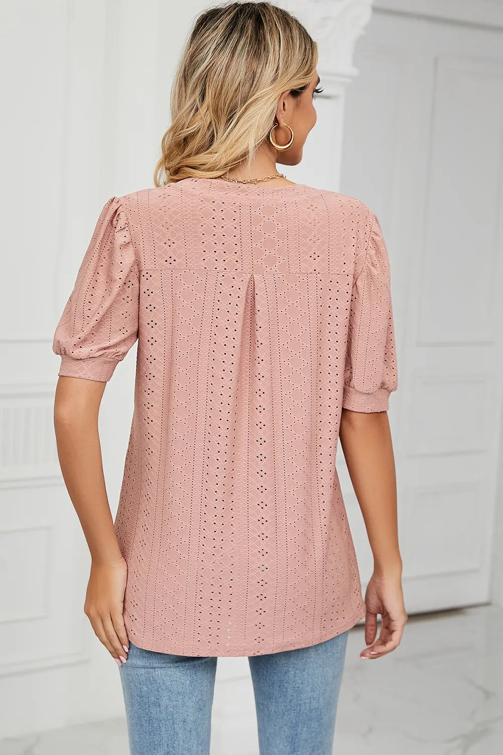 Casual V-neck solid color hollow bubble sleeve loose T-shirt top for women - V.I.P Digital Presence
