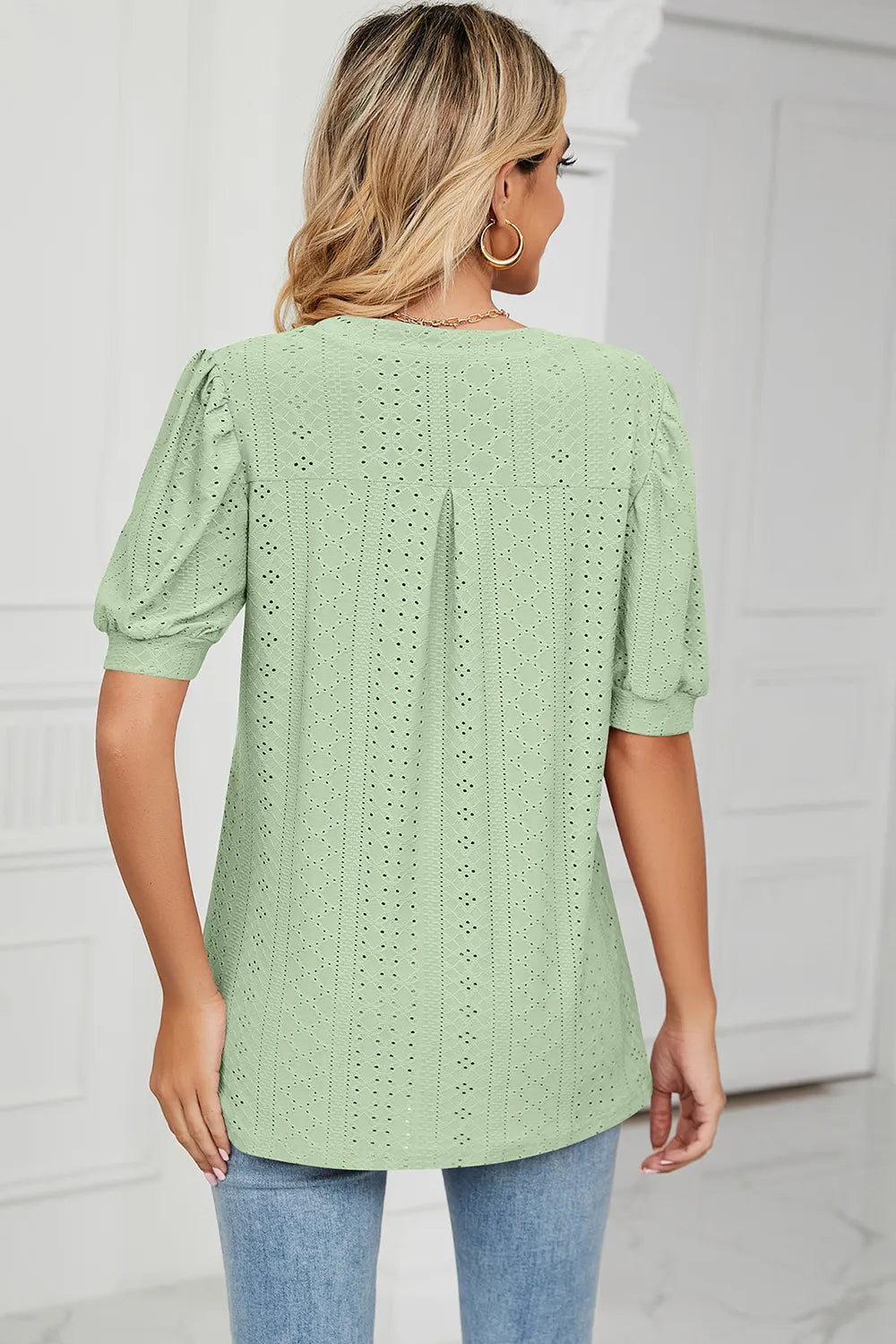 Casual V-neck solid color hollow bubble sleeve loose T-shirt top for women - V.I.P Digital Presence
