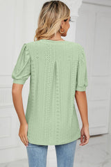 Casual V-neck solid color hollow bubble sleeve loose T-shirt top for women - V.I.P Digital Presence