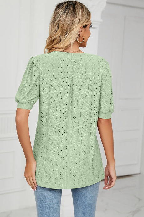 Casual V-neck solid color hollow bubble sleeve loose T-shirt top for women - V.I.P Digital Presence
