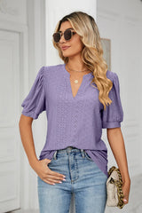 Casual V-neck solid color hollow bubble sleeve loose T-shirt top for women - V.I.P Digital Presence