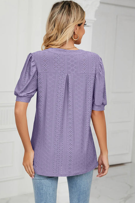 Casual V-neck solid color hollow bubble sleeve loose T-shirt top for women - V.I.P Digital Presence