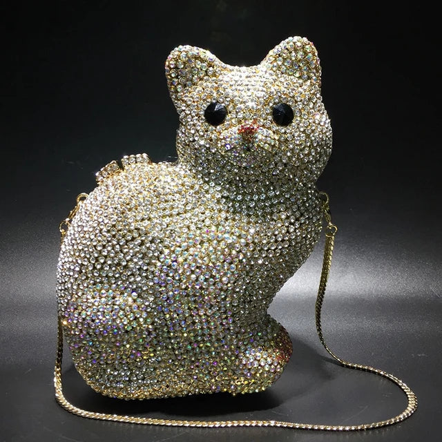 Cat Shape Women Crystal Clutches Bags Evening Purse White Rhinestone Gold Metal Clutch Party Mini Minaudiere Prom Chain Handbags - V.I.P Digital Presence