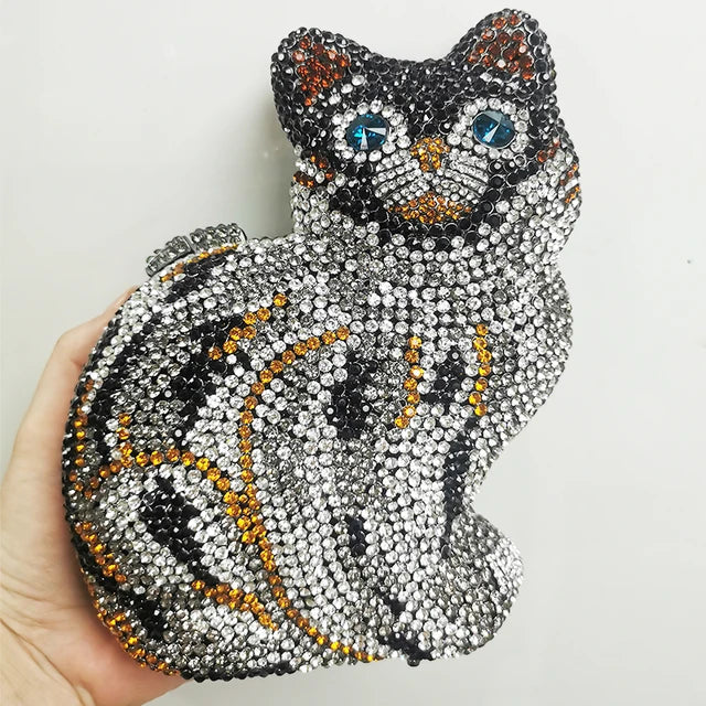 Cat Shape Women Crystal Clutches Bags Evening Purse White Rhinestone Gold Metal Clutch Party Mini Minaudiere Prom Chain Handbags - V.I.P Digital Presence