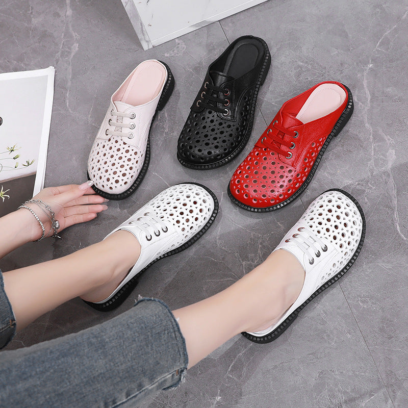 Cave shoes real leather flat heel thick sole hollowed out sandals women's slippers round toe - V.I.P Digital Presence