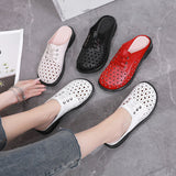 Cave shoes real leather flat heel thick sole hollowed out sandals women's slippers round toe - V.I.P Digital Presence