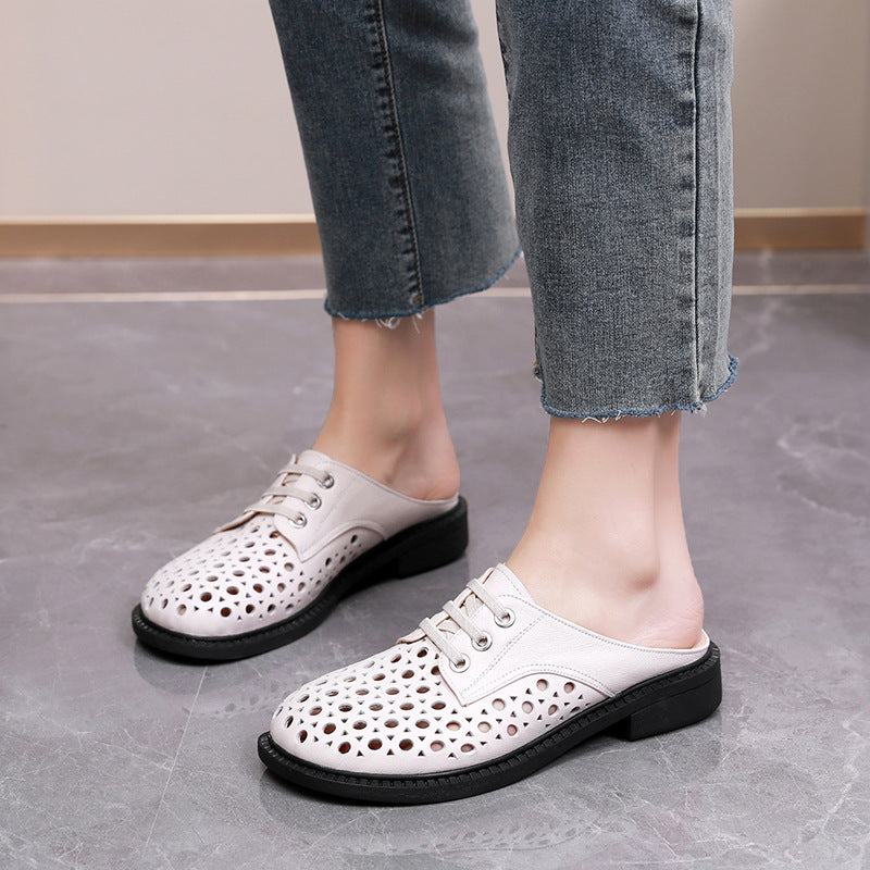 Cave shoes real leather flat heel thick sole hollowed out sandals women's slippers round toe - V.I.P Digital Presence