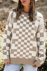 Checkered Round Neck Long Sleeve Sweater - V.I.P Digital Presence